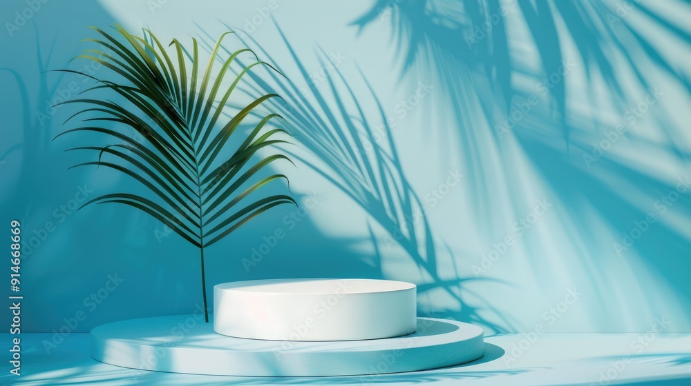Obraz premium Simple white podium with palm leaf shadow on blue background