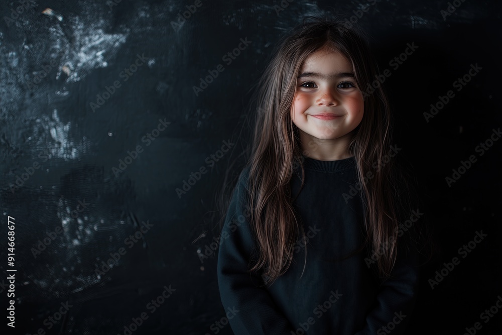 Hispanic girl smiling against a textured black wall, casual and joyful expression, space for text Hispanic girl smiling against a textured black wall, casual and joyful expression, space for text
