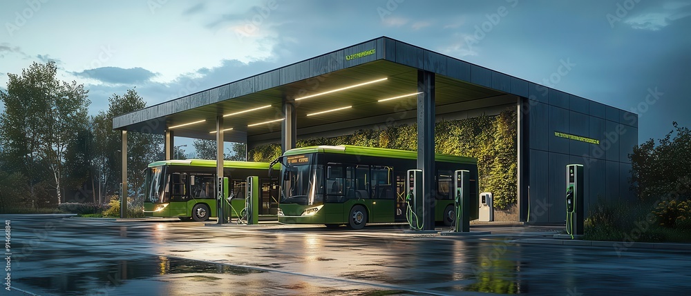Bus depot with an electric fleet and charging stations symbolizing the integration of technology and sustainability Bus depot with an electric fleet and charging stations symbolizing the integration of technology and sustainability