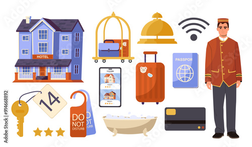 Hotel elements set. Uniformed doorman, luggage carrier, bell, foreign passport, bank card and building. Travel and tourism. Holiday and vacation. Flat vector illustration isolated on white background