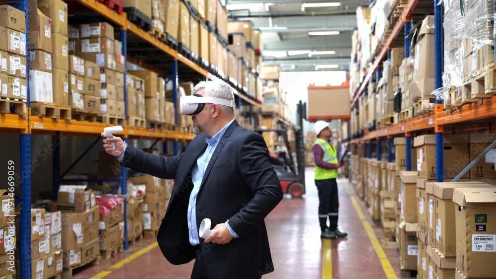 Businessman Utilizing Virtual Reality VR Headset and Drone for Warehouse Monitoring Businessman Utilizing Virtual Reality VR Headset and Drone for Warehouse Monitoring