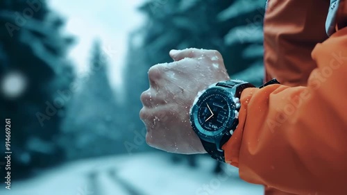 A young adult of indeterminate ethnicity, wearing an orange jacket in a snowy forest, checks the time on their black smartwatch. Snow gently falls around them in this winter scene. photo