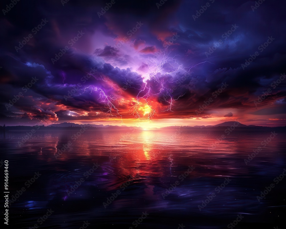 Obraz premium Atmospheric event with a dramatic sunset and storm clouds, creating a visually striking scene, Realism, Dark hues, Digital painting