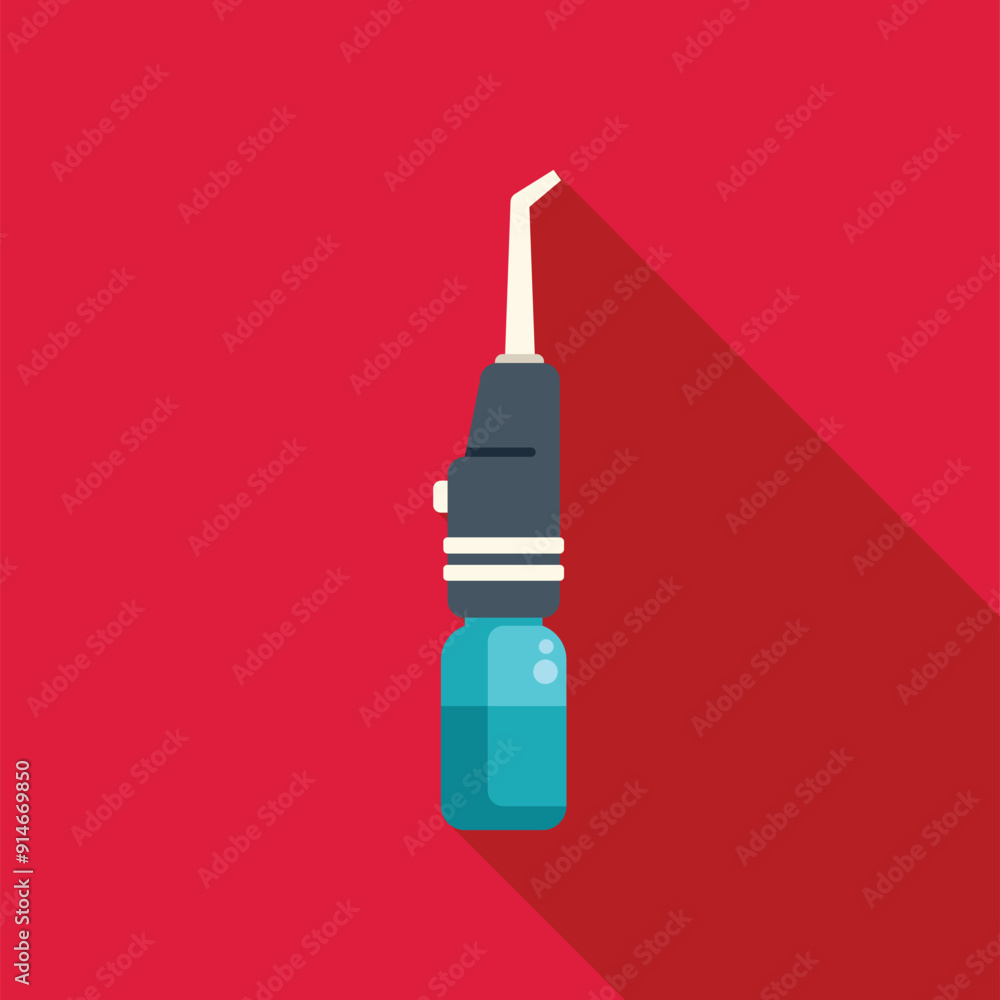 Portable oral irrigator generating a water jet for teeth cleaning on a red background Portable oral irrigator generating a water jet for teeth cleaning on a red background
