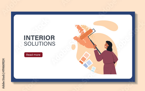 Interior designer poster. Woman with roller painting wall. Young girl with interior solutions. Cover or banner for website. Flat vector illustration isolated on beige background