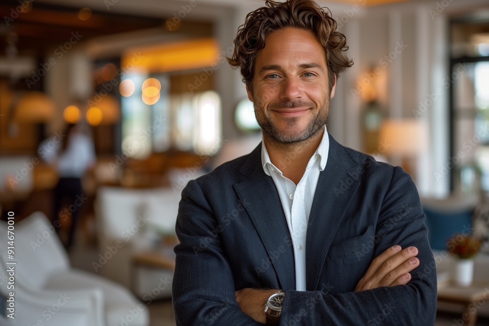 Fototapeta premium portrait of successful young businessman consultant looking at camera and smiling with folded arms inside modern house. ai