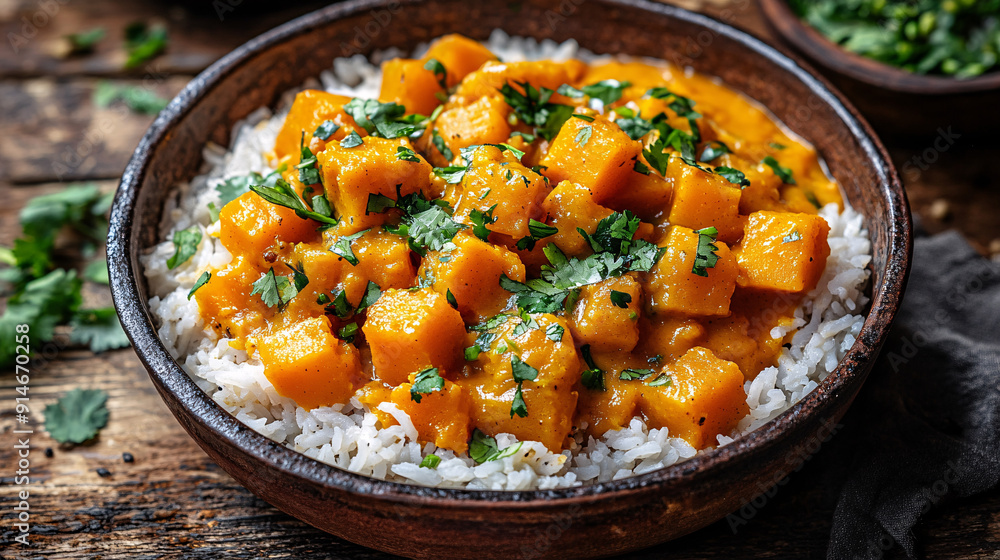 Rice and butternut squash curry topped with fresh cilantro in a rustic bowl
Rice and butternut squash curry topped with fresh cilantro in a rustic bowl