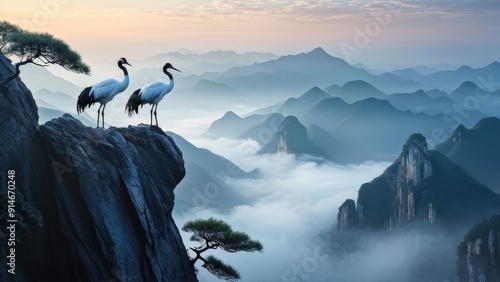 A serene landscape featuring two cranes standing on a rocky outcrop, gazing at each other.