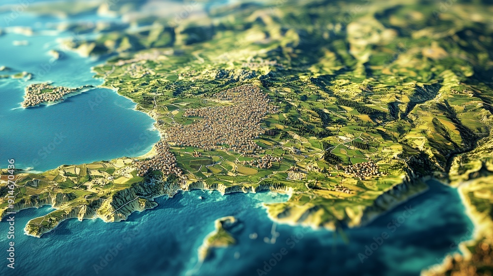 Detailed Aerial View of a Coastal Landscape Featuring Rolling Hills and Serene Waters Detailed Aerial View of a Coastal Landscape Featuring Rolling Hills and Serene Waters