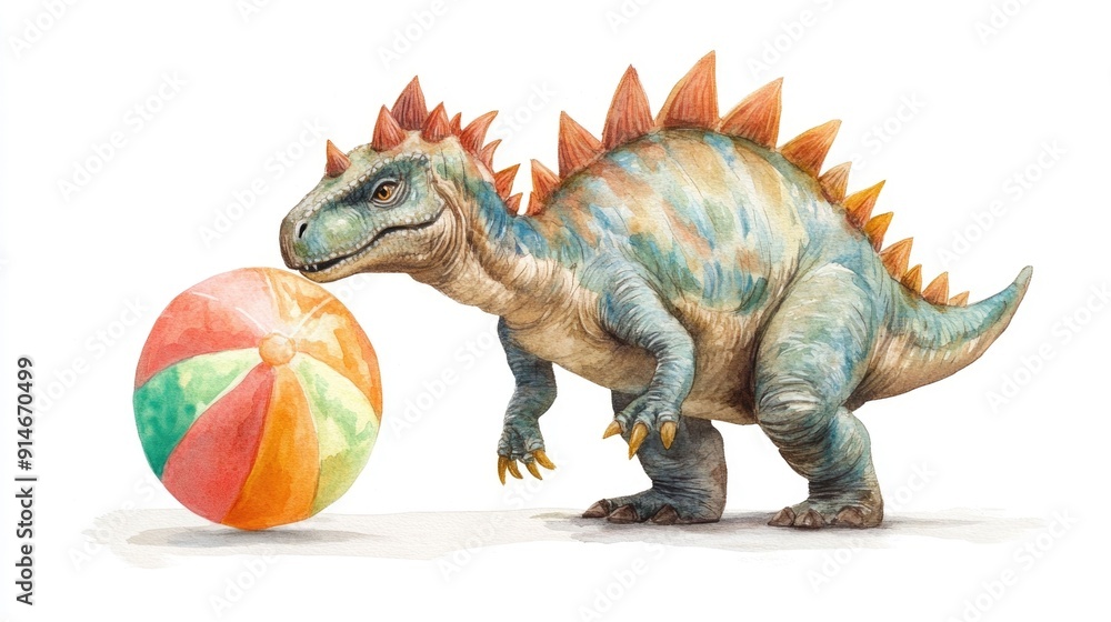 Fototapeta premium Whimsical watercolor depicting a playful stegosaurus dinosaur interacting with a colorful beach ball against a clean white background evoking a sense of joy and imagination