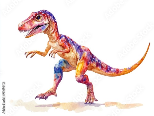 Playful and energetic velociraptor dinosaur dancing in a vibrant watercolor on a clean white background showcasing the creature s dynamic movement and whimsical imaginative spirit photo