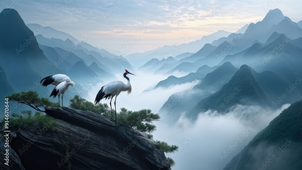 Fototapeta premium A serene landscape featuring two cranes standing on a rocky outcrop, gazing at each other.