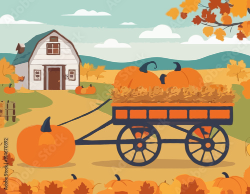 Caramel,
Cheerful,
Childhood,
Christmas,
Circle,
Harvest, wagon with pumpkin. Agricultural autumn work. Flat isolated illustration
