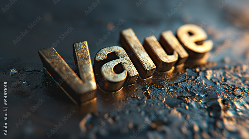 Golden letters form the word value, sitting atop a rugged surface with subtle lighting accentuating their shine Golden letters form the word value, sitting atop a rugged surface with subtle lighting accentuating their shine