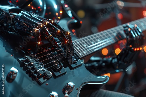 Metallic Robotic Hand Playing Electric Guitar