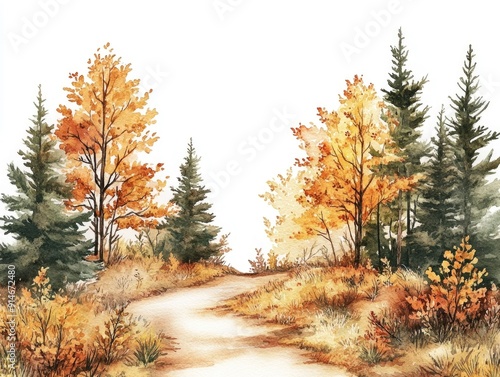 Cozy autumnal watercolor painting depicting a peaceful hiking trail surrounded by vibrant fall colors and lush foliage  Serene outdoor landscape scene with a warm inviting atmosphere
