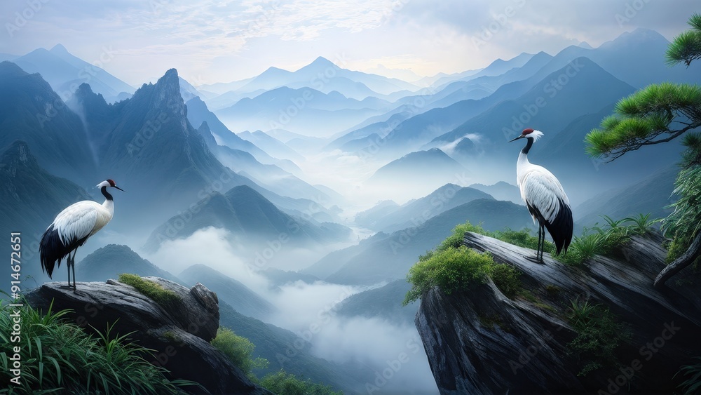 A serene landscape featuring two cranes standing on a rocky outcrop, gazing at each other. A serene landscape featuring two cranes standing on a rocky outcrop, gazing at each other.