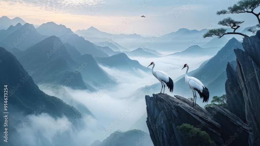 Fototapeta premium A serene landscape featuring two cranes standing on a rocky outcrop, gazing at each other.