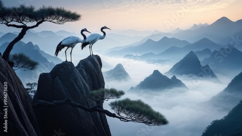 A serene landscape featuring two cranes standing on a rocky outcrop, gazing at each other.