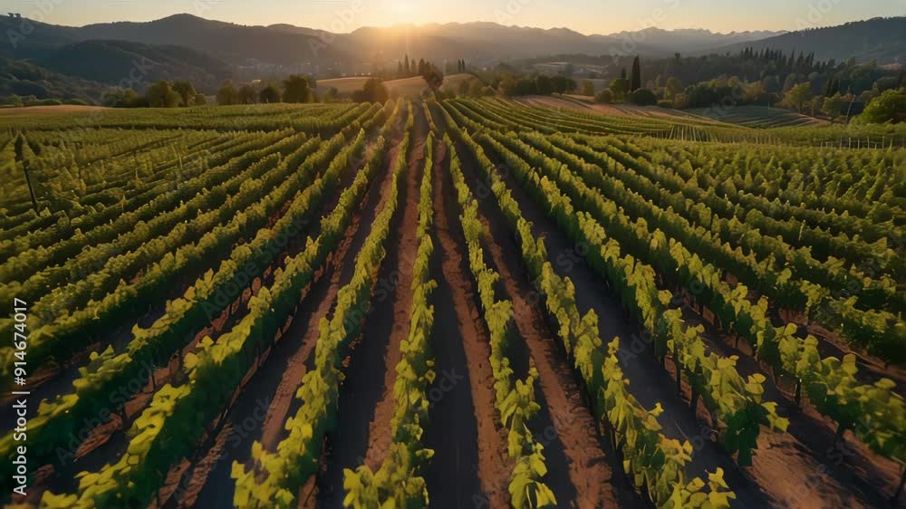 Rows of grape vines stretch to the horizon, with a beautiful sunset in the distance. AI. Rows of grape vines stretch to the horizon, with a beautiful sunset in the distance. AI.