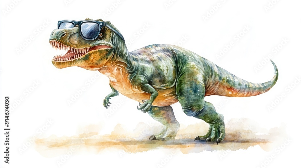Obraz premium Playful and Whimsical Watercolor of a T Rex Dinosaur Wearing Stylish Sunglasses Isolated on a Clean White Background Vibrant Colorful and Unique Digital Art Depicting a Quirky Humorous