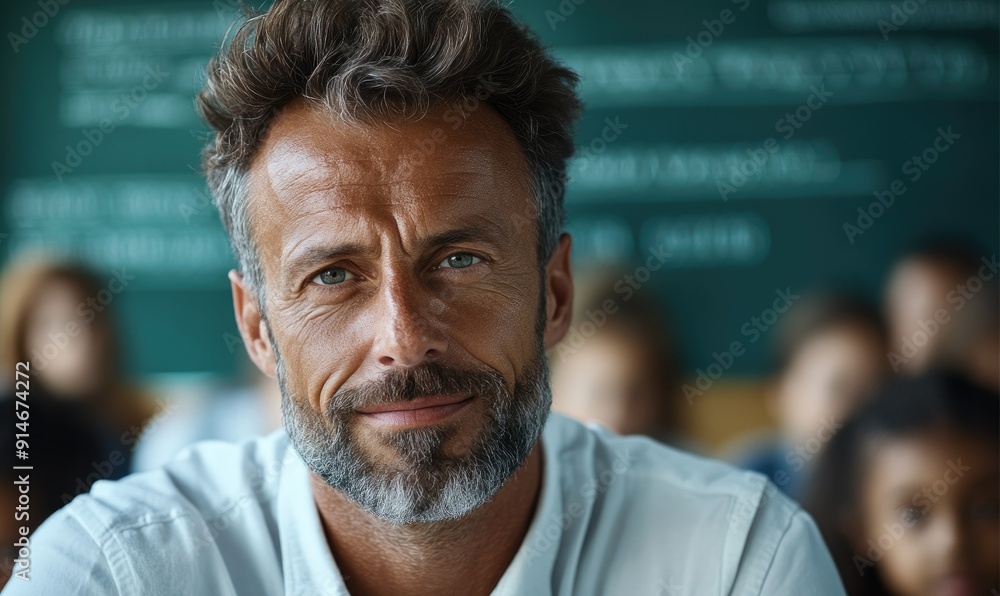 Handsome 45-Year-Old Math Teacher in a White Shirt, Sitting Behind a Classroom Board Handsome 45-Year-Old Math Teacher in a White Shirt, Sitting Behind a Classroom Board