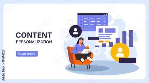 Content marketing poster. Woman with tablet analyzes graphs and diagrams. Promotion on social networks and Internet. Marketing and commerce. Landing webpage design. Flat vector illustration