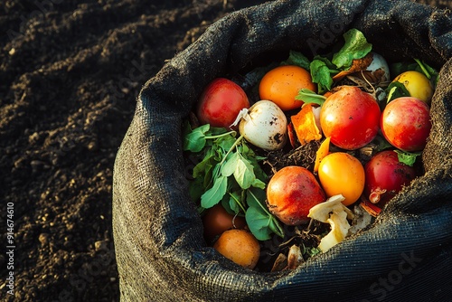 Organic compost heap with kitchen scraps and yard waste, Organic garden, recycling organic matter photo