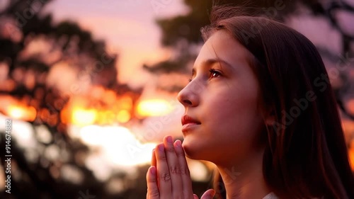 A moment of serenity as a girl reflects and prays under a vibrant sunset in a tranquil outdoor setting. Generative AI