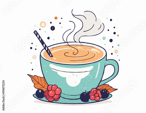 Cutee isolated Autumn Winter handdrawn illustration with cup of drink, steam and berries
