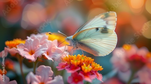 White Butterfly on Pink and Yellow Flowers