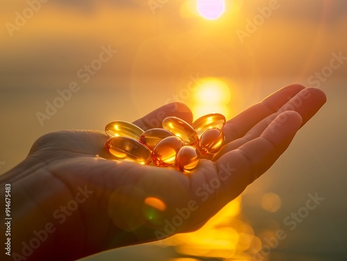 Hand Holding Golden Capsules Against Sunlight photo