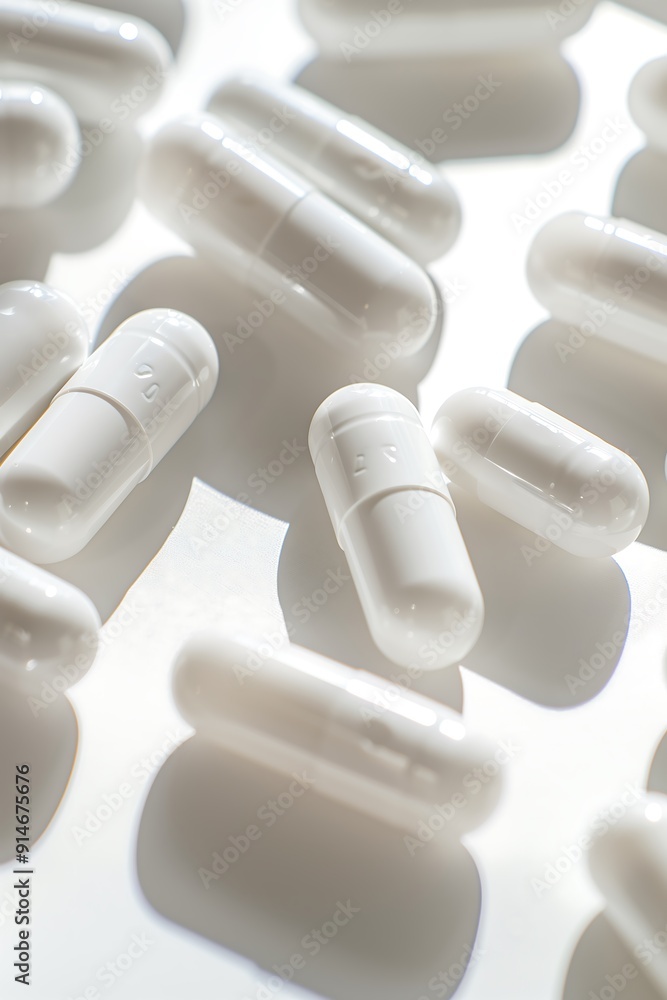 White Supplement Capsules in Rows on White Surface White Supplement Capsules in Rows on White Surface