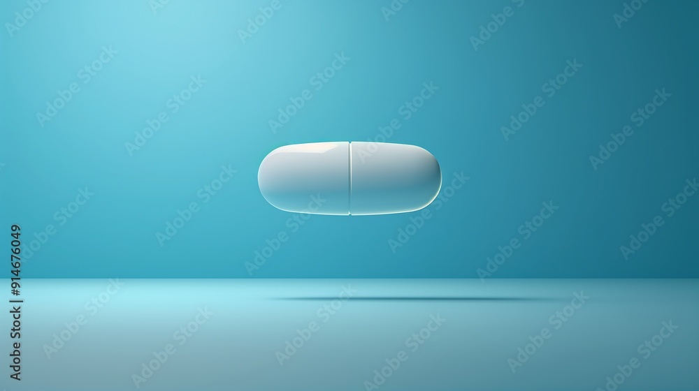 White Capsule Floating on Blue Background White Capsule Floating on Blue Background