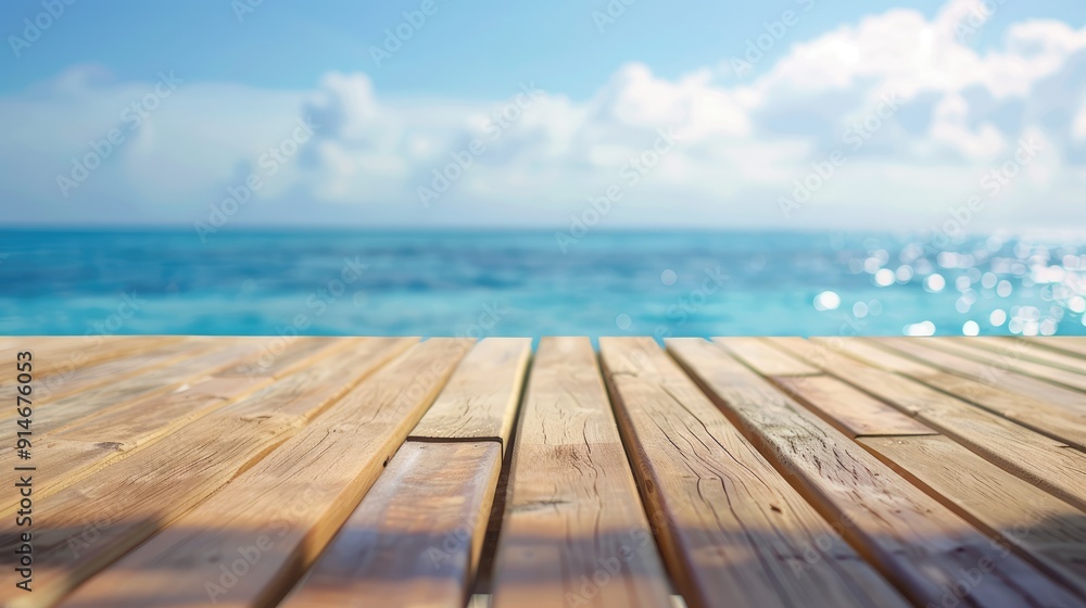 Wooden resort deck floor with blurry ocean backdrop