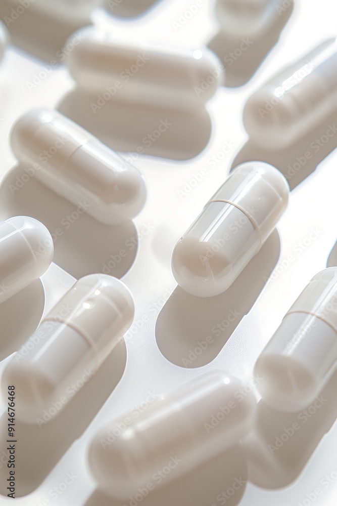 White Supplement Capsules in Rows on White Surface White Supplement Capsules in Rows on White Surface