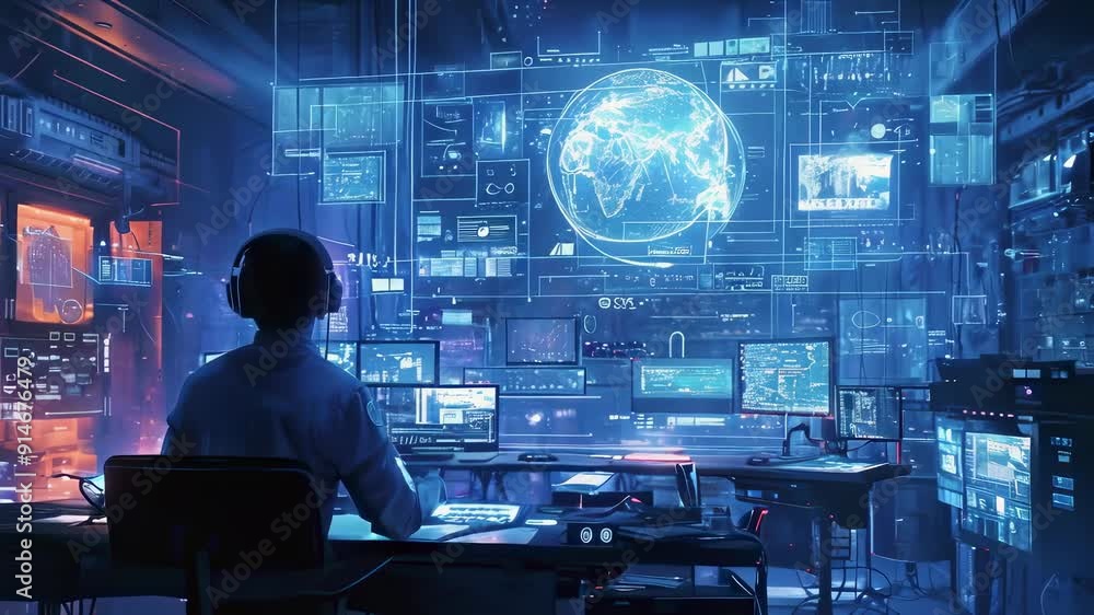 A man seated in a futuristic command center monitors multiple screens displaying maps and data. It's nighttime, with a focused, serious mood. The man appears to be in his late 30s. The room is dimly A man seated in a futuristic command center monitors multiple screens displaying maps and data. It's nighttime, with a focused, serious mood. The man appears to be in his late 30s. The room is dimly