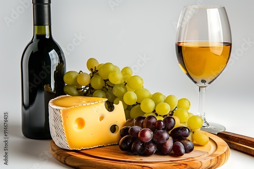 Wine, Cheese, and Grapes on Wooden Platter with Glass photo