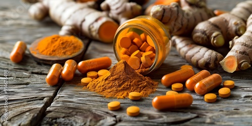 Turmeric Capsules and Powder with Fresh Roots on Wooden Table photo