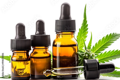 Cannabis Oil Bottles with Fresh Marijuana Leaves photo