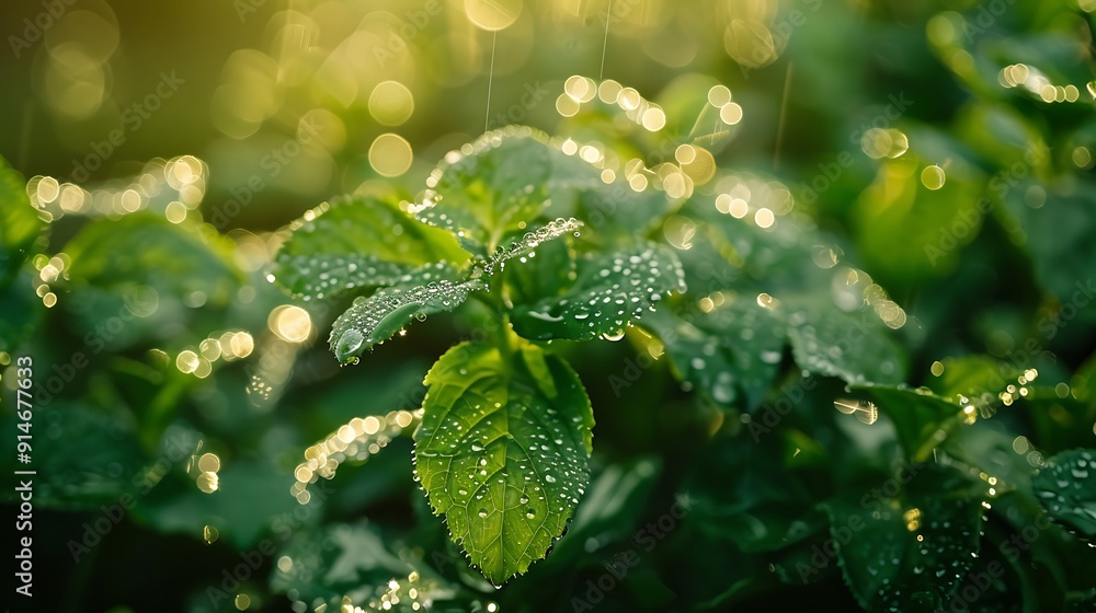Dewdrops on Lush Green Foliage in Sunlight Dewdrops on Lush Green Foliage in Sunlight