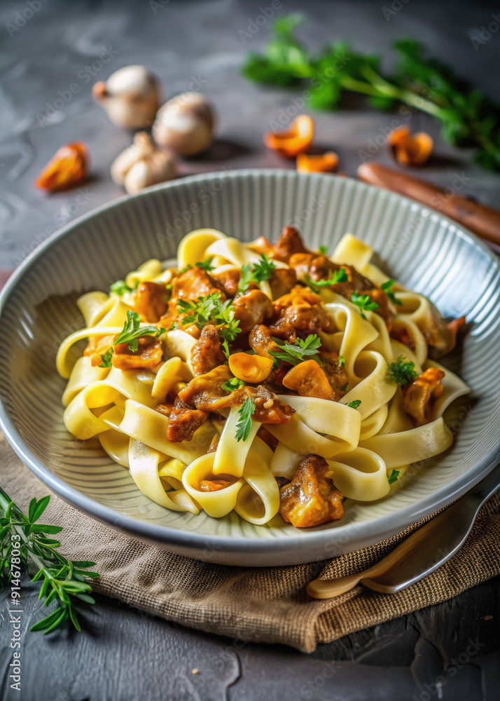 pasta with chanterelles on a white plate, dish with mushrooms, delicious seasonal food, meal, spaghetti, sauce, restaurant, cafe, kitchen, cooking, Italian cuisine, recipe, autumn menu pasta with chanterelles on a white plate, dish with mushrooms, delicious seasonal food, meal, spaghetti, sauce, restaurant, cafe, kitchen, cooking, Italian cuisine, recipe, autumn menu