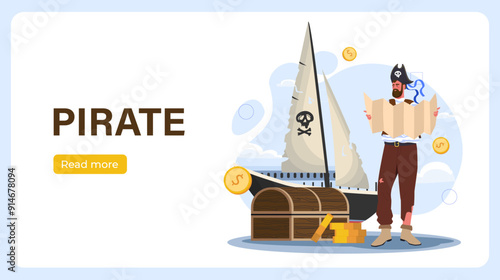 Pirate with map poster. Man in black hat stands near vessel on water. Nautical trip and adventure. Buccaneer looking for treasure. Landing webpage design. Flat vector illustration