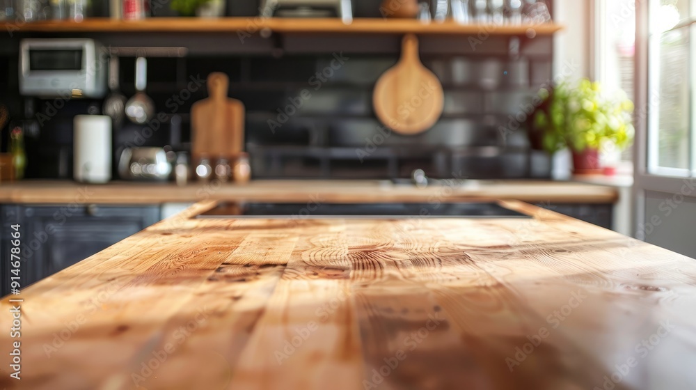 Blurry kitchen counter with wooden tabletop Blurry kitchen counter with wooden tabletop