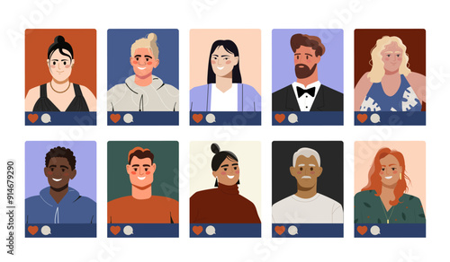 Set of people video call. Men and women communicate on social networks and instant messengers. Profile avatars of yong guys and girls. Flat vector collection isolated on white background
