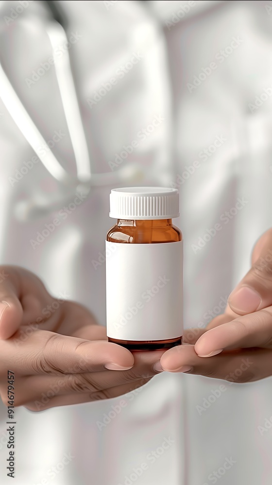 Doctor holding a small medicine bottle with blank label Doctor holding a small medicine bottle with blank label