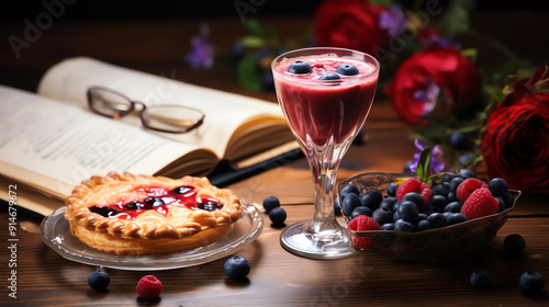 The image shows a still life with a book open on a table, a pastry, a glass of wine, glasses, and a bowl of berries