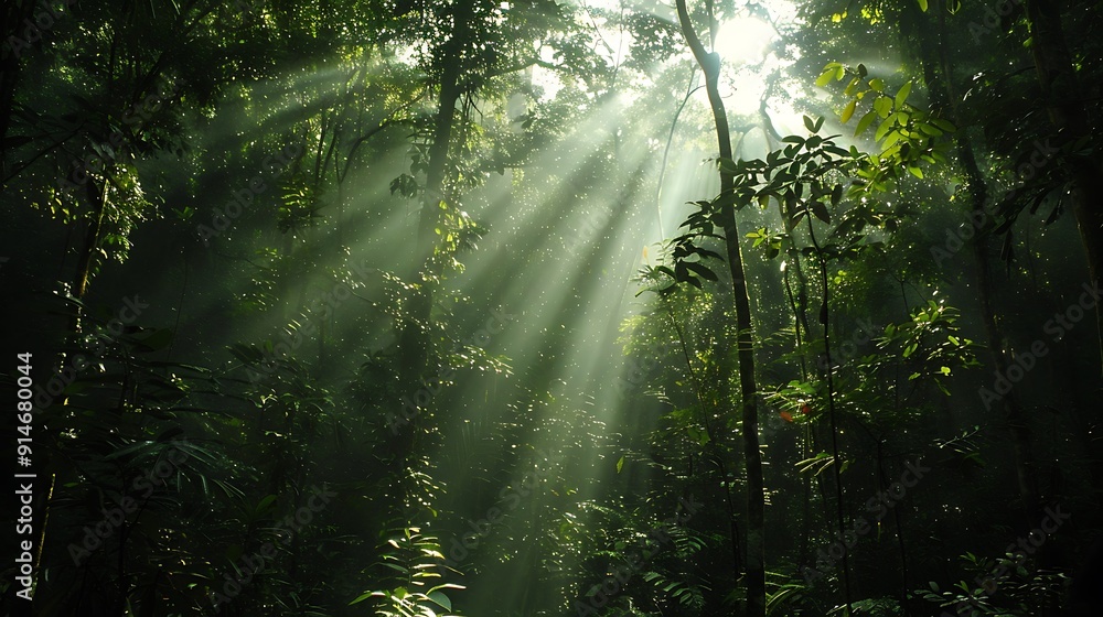 Obraz premium Sunlight Piercing Through a Dense Rainforest
