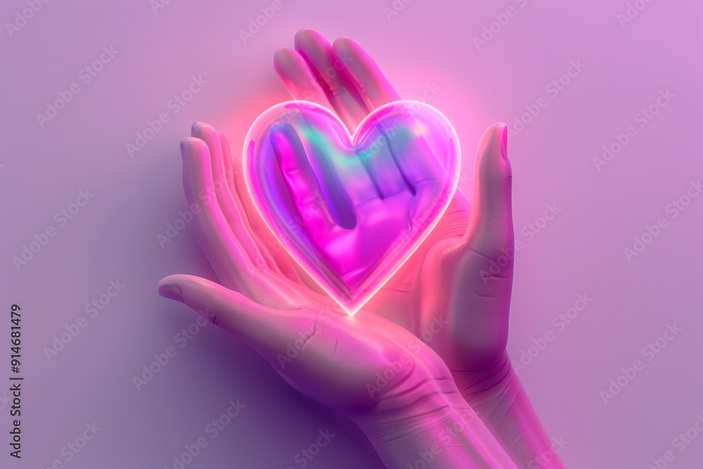 Obraz premium Neon heart held in a hand glowing with vibrant pink light perfect for themes of love and care in a modern tech inspired style