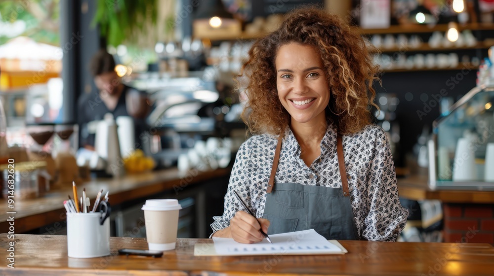 A happy barista woman smiling and taking notes at the cafe counter, wearing an apron, with coffee mugs and cafe equipment arranged in the background. A happy barista woman smiling and taking notes at the cafe counter, wearing an apron, with coffee mugs and cafe equipment arranged in the background.
